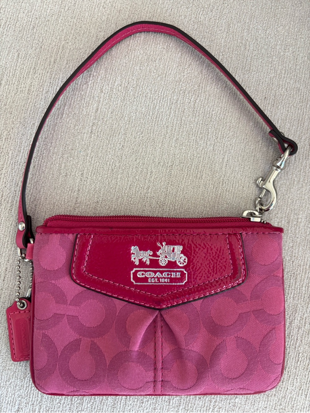 Authentic COACH Pink Signature Wristlet with Patent Trim
